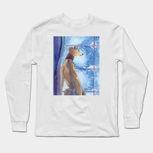A greyhound dog admires the snowfall from his nice warm seat inside Long Sleeve T-Shirt